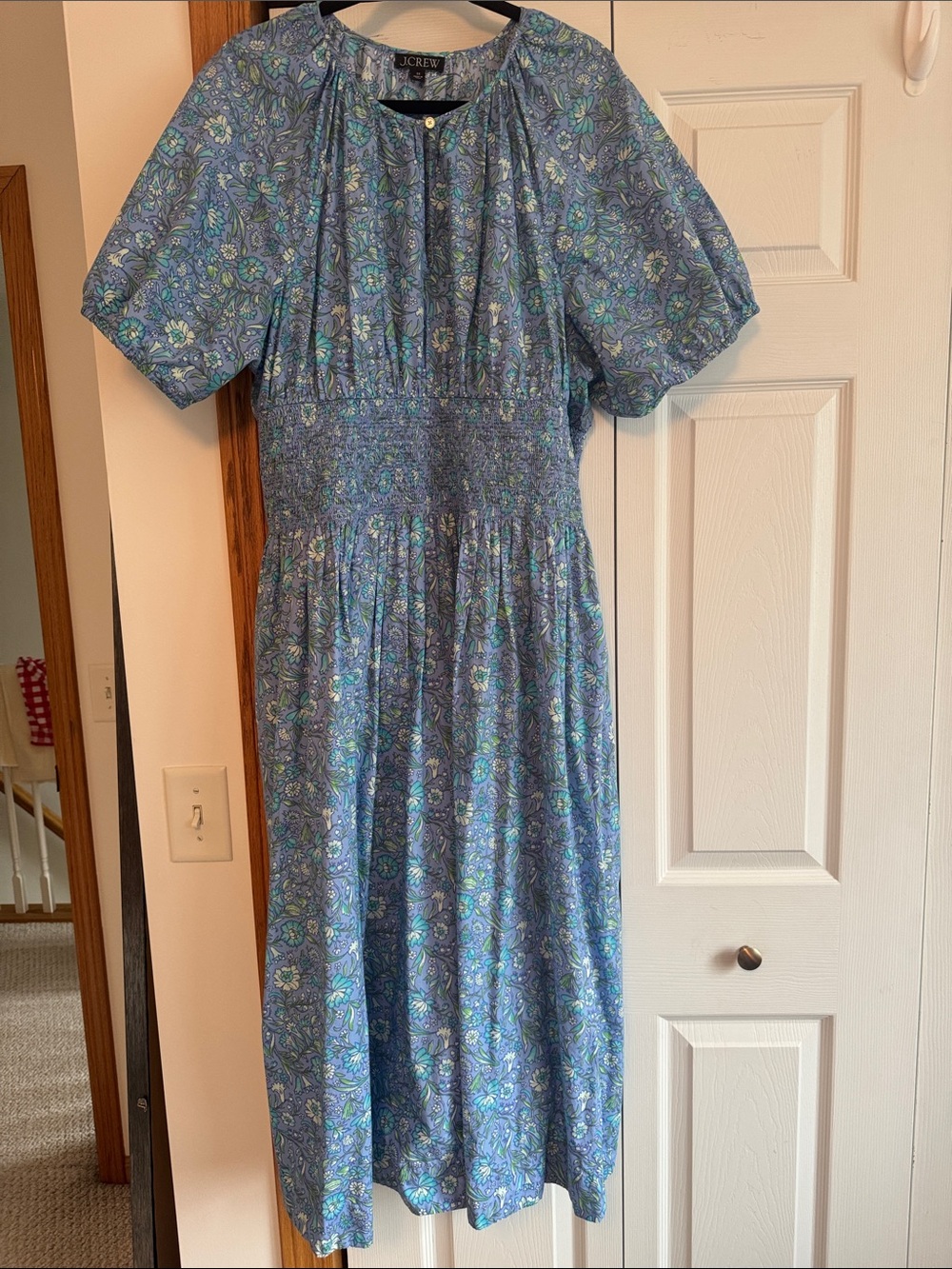 J. Crew Blue Floral Smocked Midi Dress